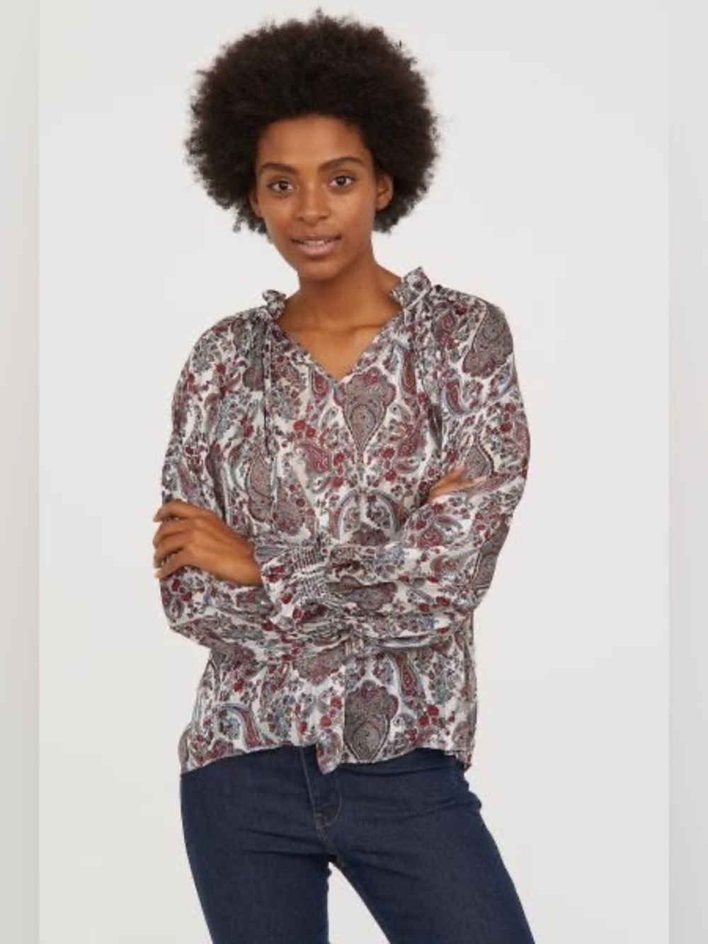 H&M White Paisley Tie-Neck Blouse with Red & Blue